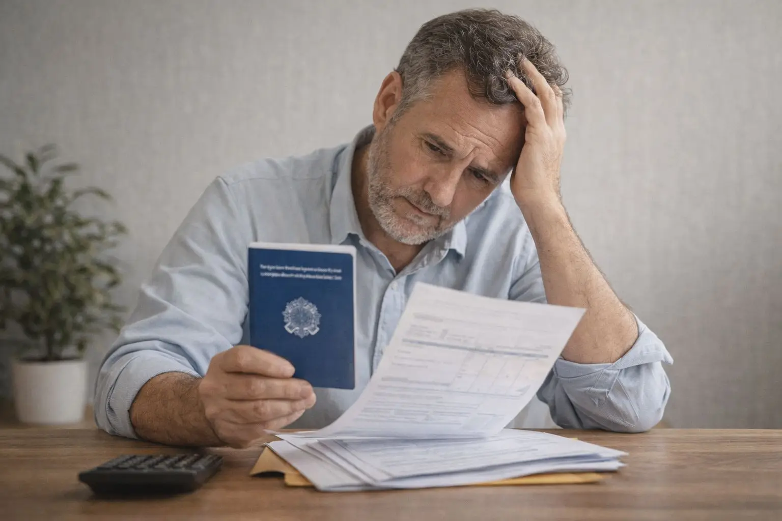 Pessoa analisando documentos de trabalho com dúvida sobre cálculo do INSS